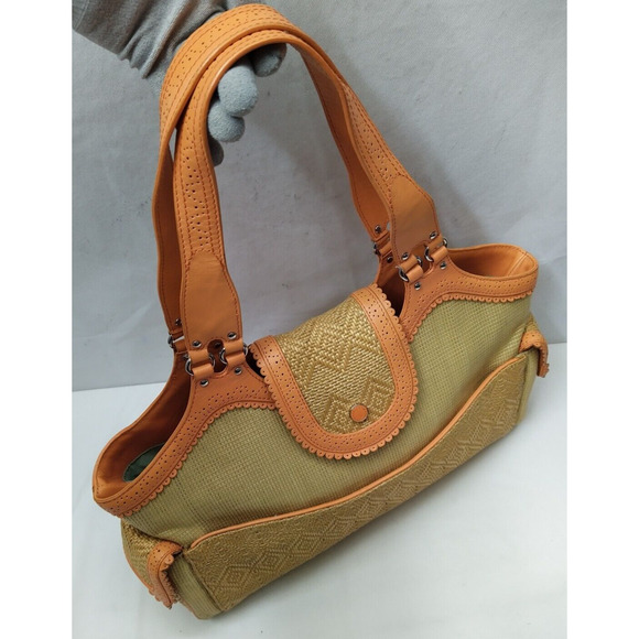 Cole Haan Tan Straw Orange Leather Trim Pocket Double Handle Satchel Bag - Picture 6 of 16